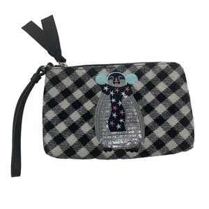 Talbots Penguin Sequin Wristlet Clutch Plaid Pattern Black & White Zipper